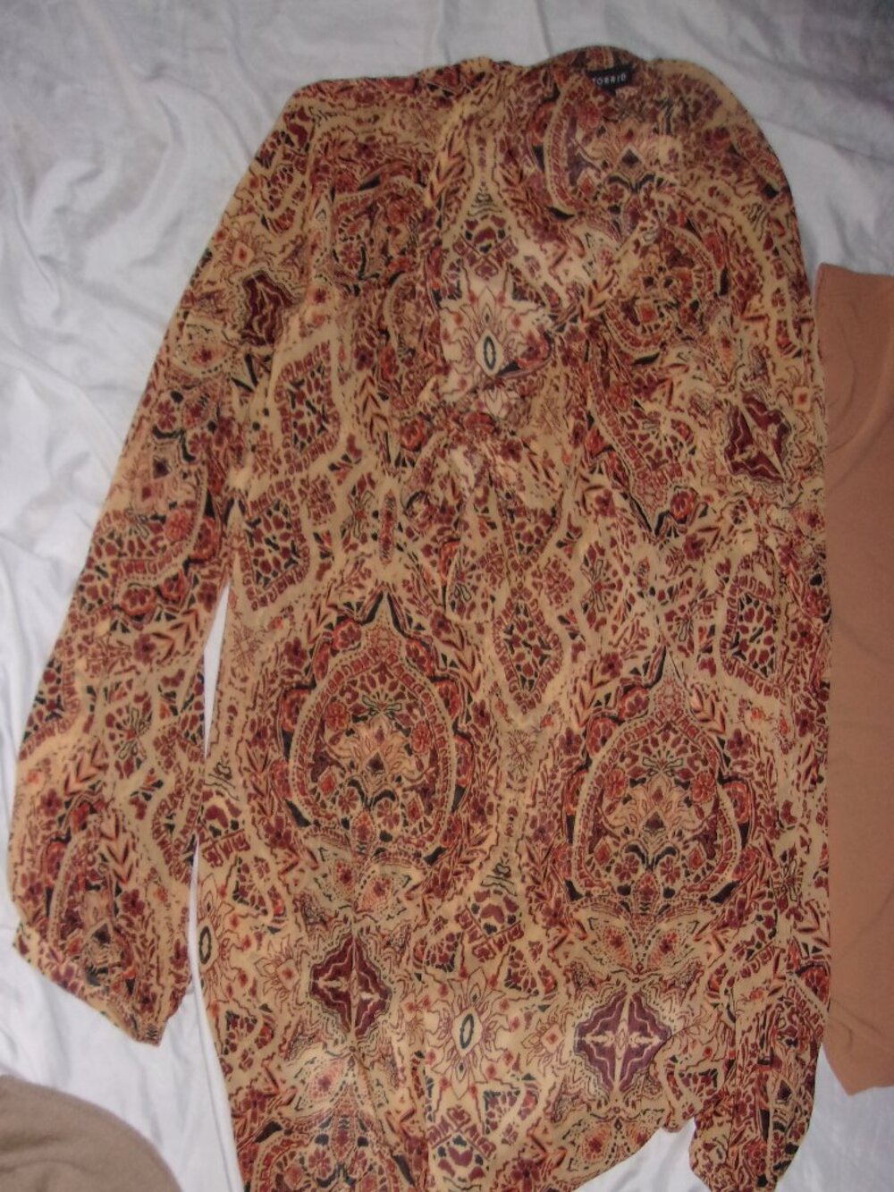 Torrid Size 2 casual dress womens shirt blouse tan print 2x long sleeve